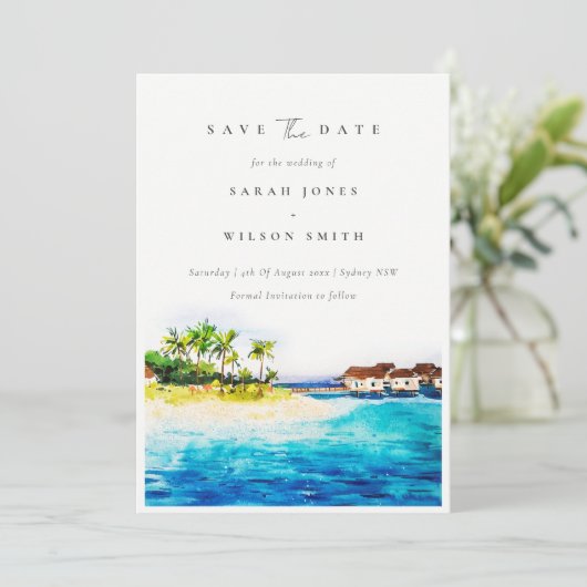 Tropisch bovenwater Villa Seascape Beach Palm Tree Save The Date (Staand voorkant)