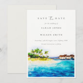 Tropisch bovenwater Villa Seascape Beach Palm Tree Save The Date (Voorkant / Achterkant)