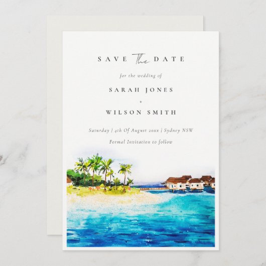 Tropisch bovenwater Villa Seascape Beach Palm Tree Save The Date (Voorkant / Achterkant)
