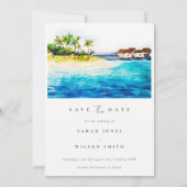 Tropisch bovenwater Villa Seascape Beach Palm Tree Save The Date (Voorkant)