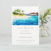 Tropisch bovenwater Villa Seascape Beach Palm Tree Save The Date (Staand voorkant)