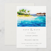 Tropisch bovenwater Villa Seascape Beach Palm Tree Save The Date (Voorkant / Achterkant)