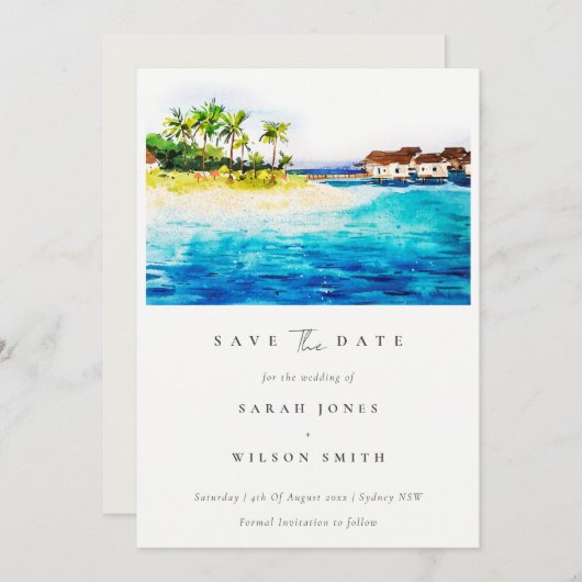 Tropisch bovenwater Villa Seascape Beach Palm Tree Save The Date (Voorkant / Achterkant)
