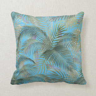 Tropisch Caraïbisch Palm laat Waterverf over blauw Kussen