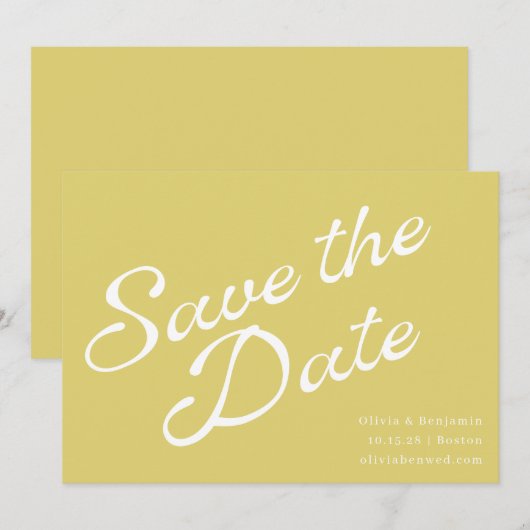 Tropisch Chartreuse Geel Retro Script Bruiloft Save The Date (Voorkant / Achterkant)