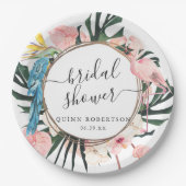 Tropisch Chic Flamingo Bloemrijke Bruidsdouche Papieren Bordje (Voorkant)