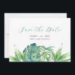 Tropisch Chic Waterverf Groene Tinten Save the Dat Save The Date<br><div class="desc">Maak je verloving bekend met onze tropisch-chique boho save our date uitnodigingen met Save the Date in een trendy script lettertype. Deze eenvoudige kaart bevat handgeschilderde waterverf groene palm en monstera bladeren met jullie namen, trouwdatum en trouwlocatie. De achterkant van de kaart is in een gratis bijgeleverde smaragdgroene kleur. Perfect...</div>