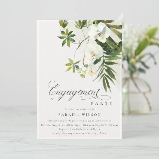 Tropisch chique witte orchidee palmfauna Verloving Kaart (Staand voorkant)