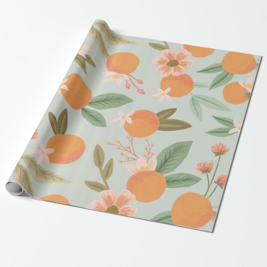 Tropisch Citrus Floral Mint Green Cadeaupapier (Uitgerold)