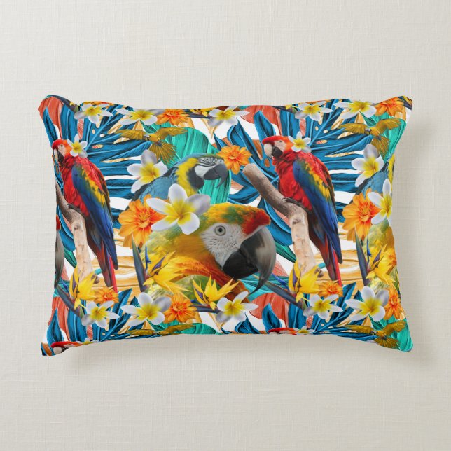 Tropisch collage Parrot Macaw Colorful Botanisch Accent Kussen (Voorkant)