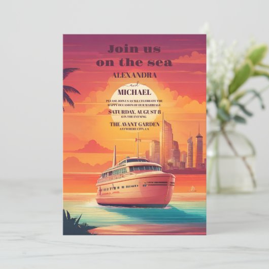 Tropisch cruiseschip bruiloft kaart (Staand voorkant)