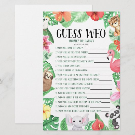 Tropisch dier raad eens wie! Baby shower game Briefpapier (Voorkant / Achterkant)