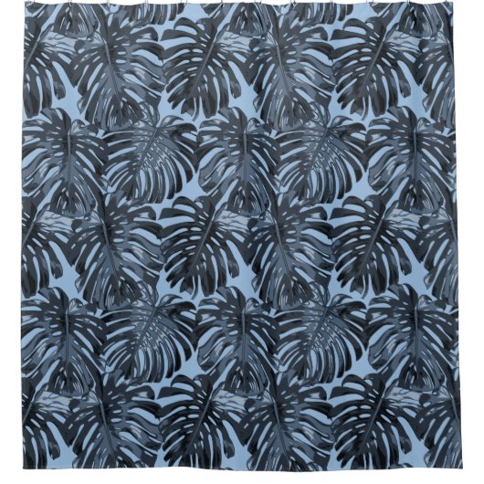 Tropisch donkerblauw zwart Oerwoud bladeren Douchegordijn (Voorkant)