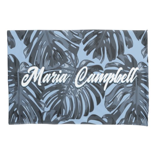 Tropisch donkergrijs blauw laat paar namen achter kussensloop (Voorkant-Links)