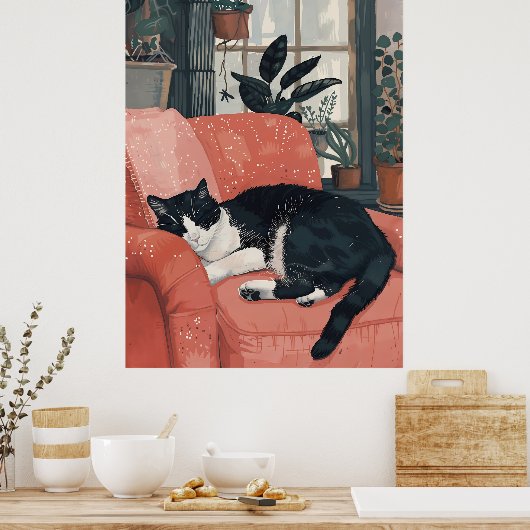 Tropisch dutje: Gezellige kat in Oerwoud Home Poster (Keuken)