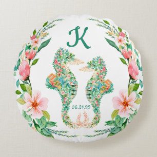 Tropisch Echtpaar Monogram Bloemmotief Zeepaarden Rond Kussen