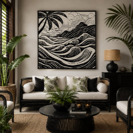 Tropisch eiland aan zee houtprintstijl canvas afdruk