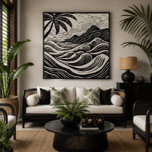 Tropisch eiland aan zee houtprintstijl canvas afdruk