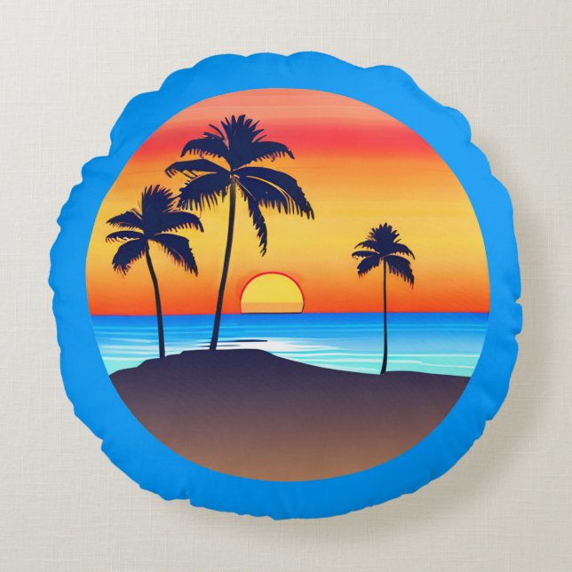 Tropisch eiland bij zonsondergang met palmbomen rond kussen (Voorkant)