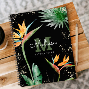 Tropisch Eiland Bloem Zwart Goud Monogram Script Notitieboek