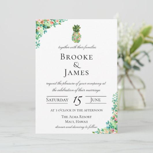 Tropisch eiland Botanische anische ananasbruiloft Kaart (Staand voorkant)