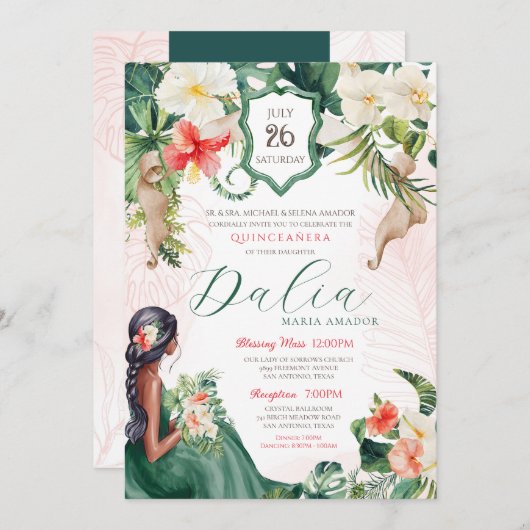 Tropisch eiland Emerald Green Floral Quinceanera Kaart (Voorkant / Achterkant)