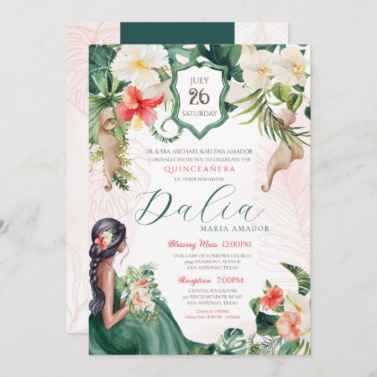 Tropisch eiland Emerald Green Floral Quinceañera Kaart (Voorkant / Achterkant)