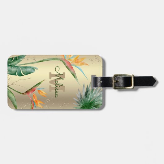 Tropisch eiland Floral Monogram Script Gold Foil Bagagelabel (Voorkant horizontaal)