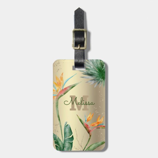 Tropisch eiland Floral Monogram Script Gold Foil Bagagelabel (Voorkant verticaal)