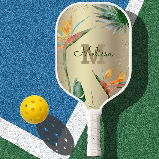 Tropisch eiland Floral Monogram Script Gold Foil Pickleball Paddle