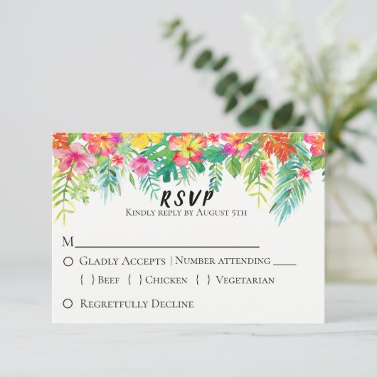 Tropisch eiland Floral Wedding RSVP Kaartje (Staand voorkant)