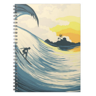 Tropisch eiland, golf, surfer zonsondergang. notitieboek