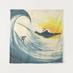 Tropisch eiland, golf, surfer zonsondergang. wandkleed