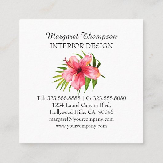 Tropisch eiland Hibiscus Palm Waterverf Floral Vierkante Visitekaartje
