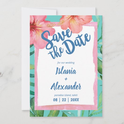 Tropisch eiland Hibiscus Palm Weddenschap Save The Date (Voorkant)