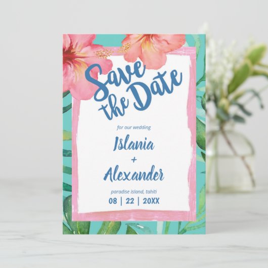 Tropisch eiland Hibiscus Palm Weddenschap Save The Date (Staand voorkant)