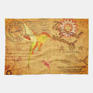 Tropisch eiland kolibrie briefkaart geel theedoek