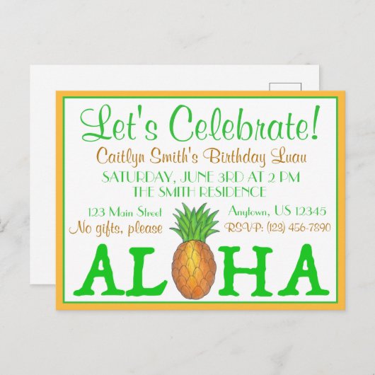 Tropisch Eiland Luau Ananas Hawaï Aloha Feest Uitnodiging Briefkaart (Voorkant / Achterkant)