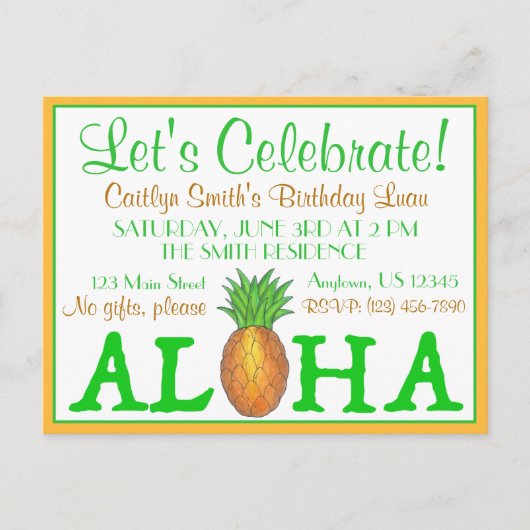 Tropisch Eiland Luau Ananas Hawaï Aloha Feest Uitnodiging Briefkaart (Voorkant)