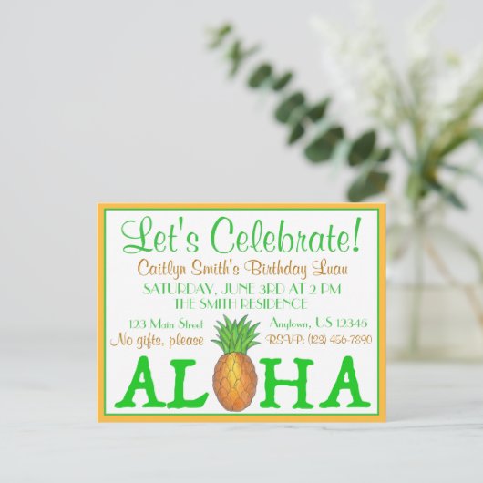 Tropisch Eiland Luau Ananas Hawaï Aloha Feest Uitnodiging Briefkaart (Staand voorkant)