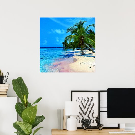 Tropisch eiland met palmbomen en zandstrand poster (Thuiskantoor)