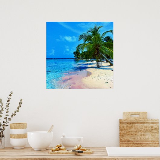 Tropisch eiland met palmbomen en zandstrand poster (Keuken)