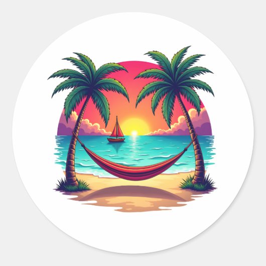 Tropisch eiland met zonsondergang Travel Illustrat Ronde Sticker (Voorkant)