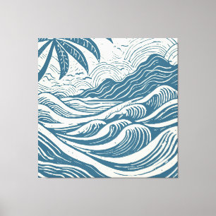 Tropisch eiland op het zee houtprint stijl canvas afdruk