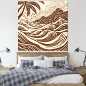 Tropisch eiland op het zee houtprint stijl canvas afdruk (Insitu (Slaapkamer))