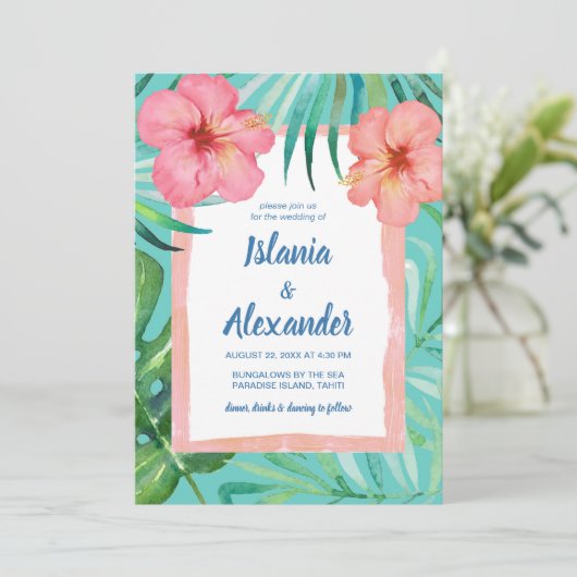 Tropisch eiland Palm Hibiscus Wedding Kaart (Staand voorkant)