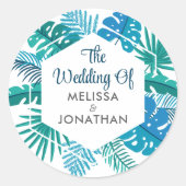 Tropisch eiland Palm Leaf Blue Beach Wedding Ronde Sticker (Voorkant)