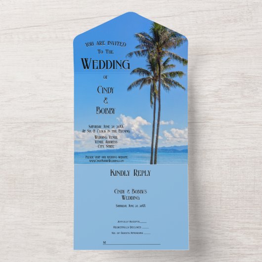 Tropisch eiland, palmbomen, blauwe Zeeen, All In One Uitnodiging (Binnen)