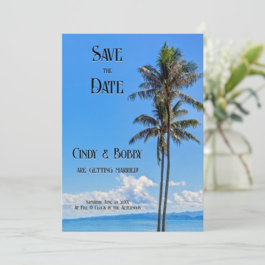 Tropisch Eiland, Palmbomen, Blauwe Zeeën, Trouwza Save The Date (Staand voorkant)