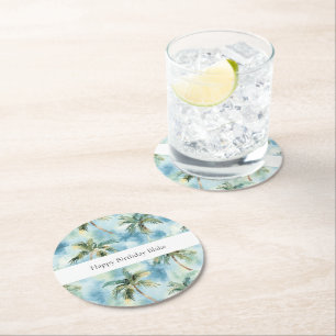 Tropisch Eiland Palmbomen Verjaardag Blauwe Lucht Ronde Kartonnen Onderzetter